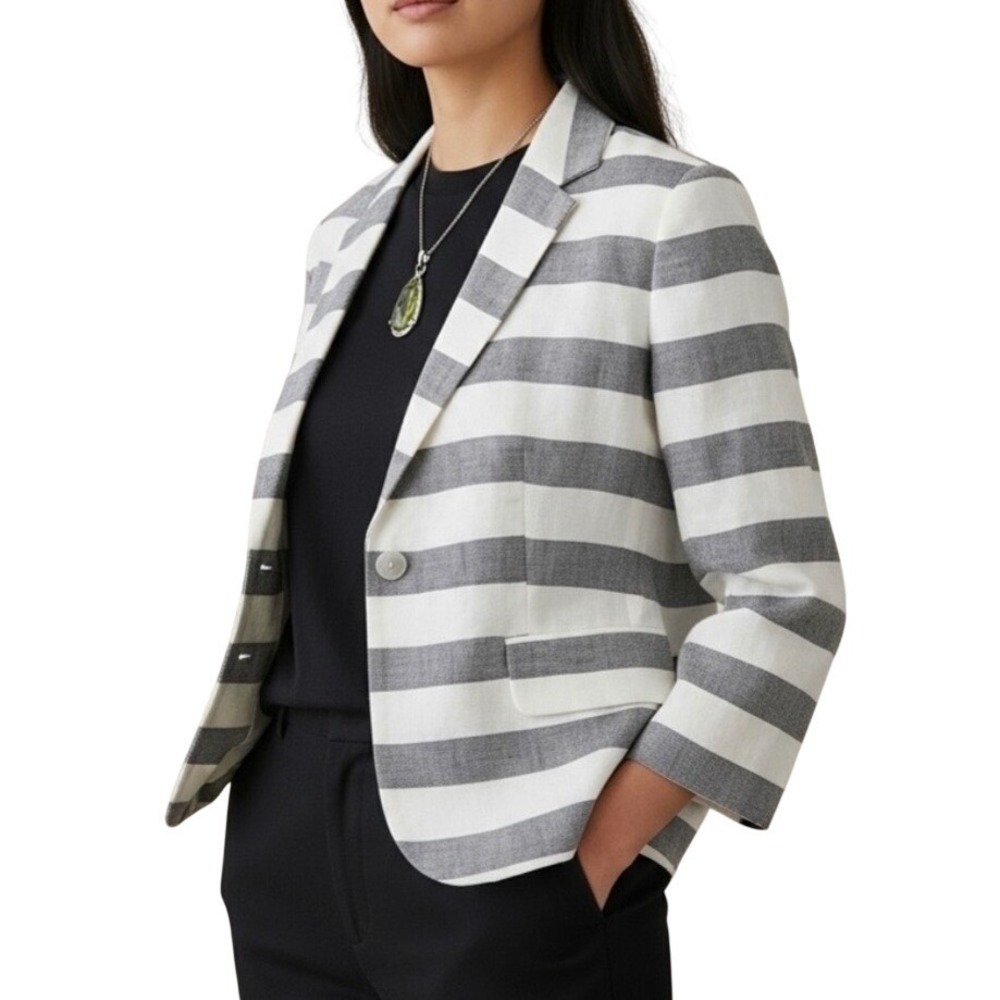 Gap‎ The Academy Blazer Womens Size 0 Grey White Striped Two Button Knit Jacket